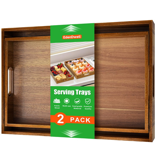 EdenDwell Acacia Serving Trays - 2 Pack, Acacia Wood Serving Platterss, Wood Serving Tray, Decorative Trays for Breakfast, Brunch, Dinner, Coffee Table, Party, Kitchen-M