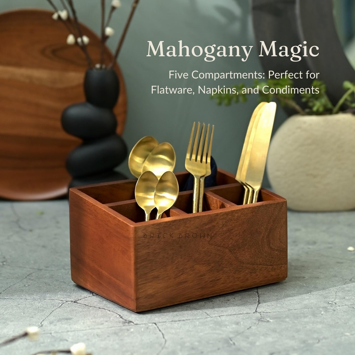 Brick Brown Premium Handcrafted Wooden Spoon stand for kitchen | cutlery holder for dining table | wooden caddy storage organiser stand with 5 section Mahogany Finish(8.75x6x4.5 inch)