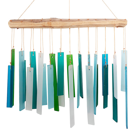 Blue Handworks Sea Glass and Driftwood Chime - Sandblasted Glass and Found Wood Hand Crafted Wind Chime