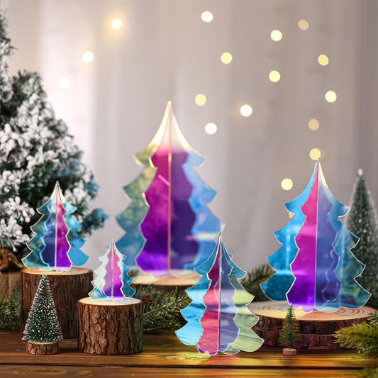 Amyhill 5 Set Holographic Christmas Tree Decor for Fireplace Mantel Iridescent 3D Christmas Tree for Window Shelves Table Centerpieces Modern Party Winter Decor
