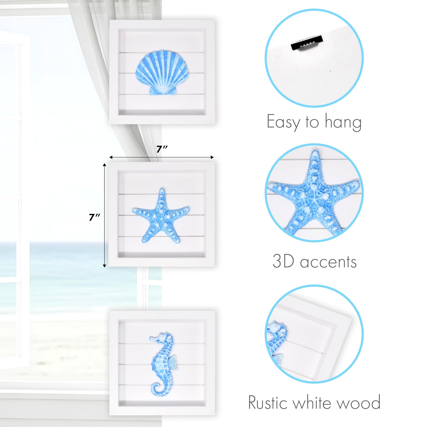 Blue Starfish Seashell and Seahorse (Framed Set of 3) Coastal 3D Wall Art, Beach Wall Decor for Bathroom Bedroom or Beach House Ocean Inspired Seaside Decorations