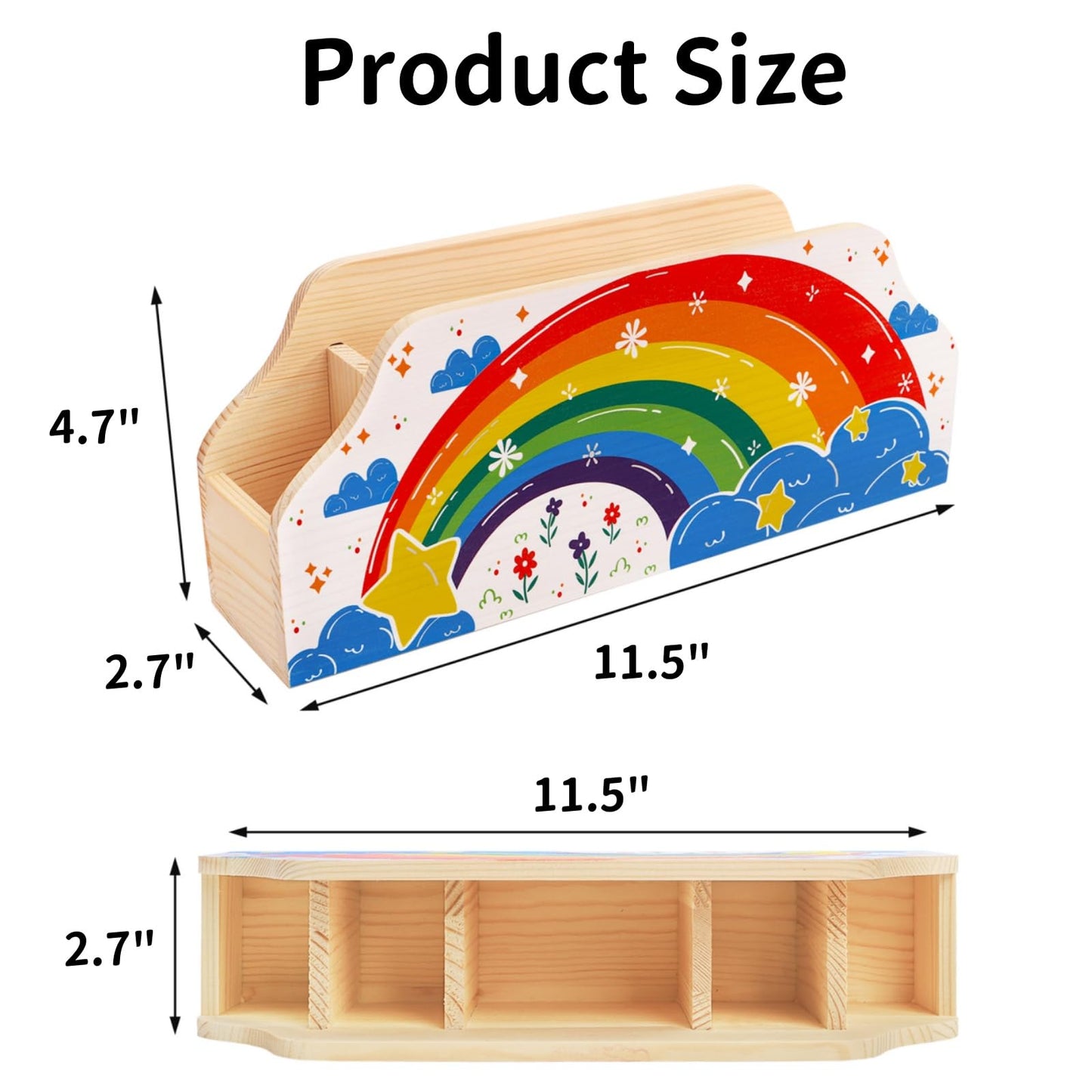 ELFULLY Rainbow Wood Pen Holder for Desk, 5-Slot Desk Organizers, Cute Pencil Holder, Office School Supplies Storage, Desktop Storage Caddy for Teacher Appreciation, Birthday Gifts, Makeup Brush