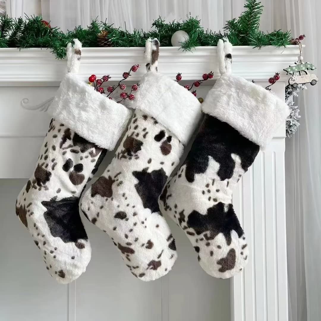 OLLULL Christmas Stockings, Cow Faux Fur Large Xmas Stockings Hanging Ornaments 2 Pack 20 Inch