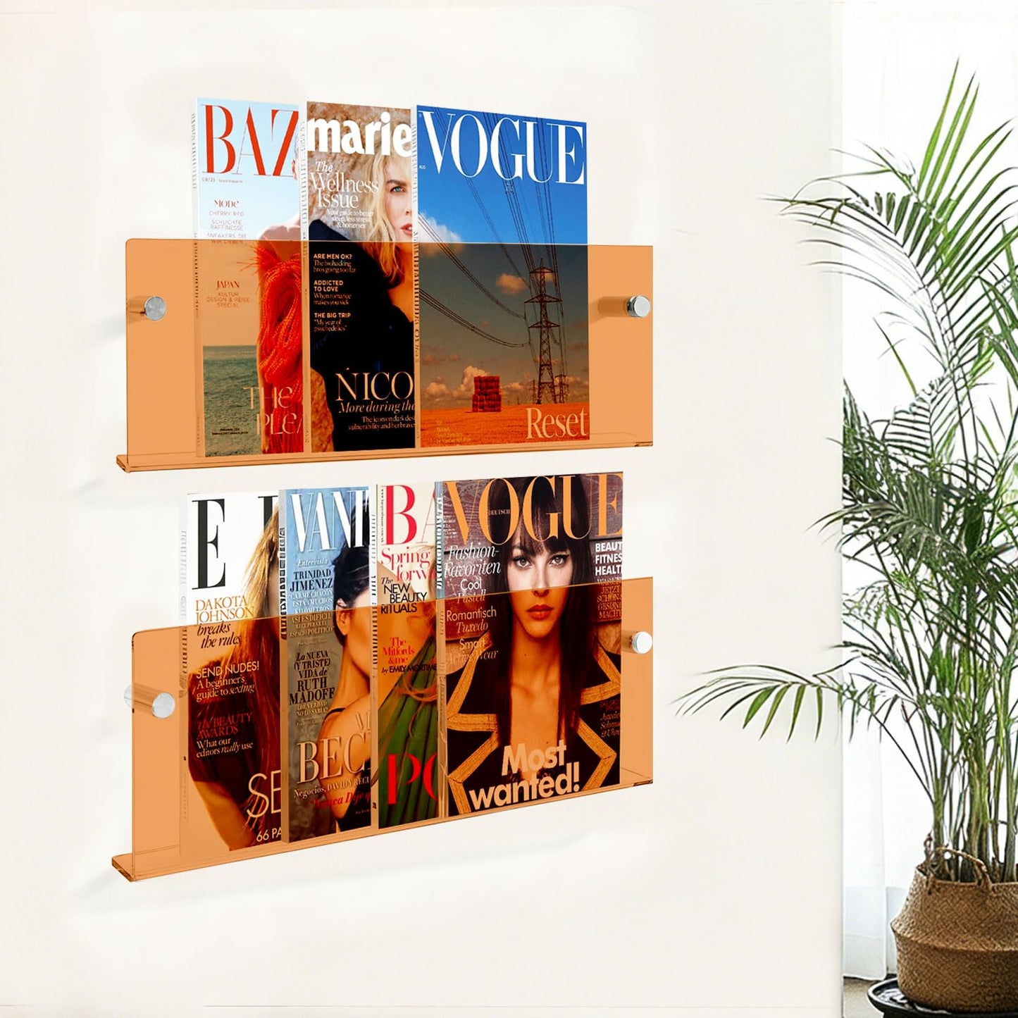 JOTNGDJBN Acrylic Magazine Holder, 2 Pack Hanging Bookshelf Magazine Rack, Floating Bookshelf Brochure Display Organizer for Home, Office, Reception Area(Orange, 17 Inch)