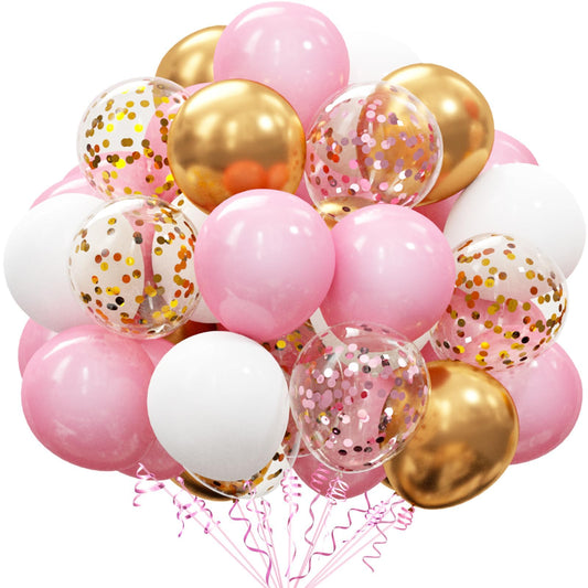OuMuaMua 60Pcs Pink Gold Confetti Latex Balloons Kit, 12 Inch Pink White Gold Helium Mother's Day Balloons Party Supplies for Confession Proposal Wedding Girl Birthday Baby Shower Party Decoration