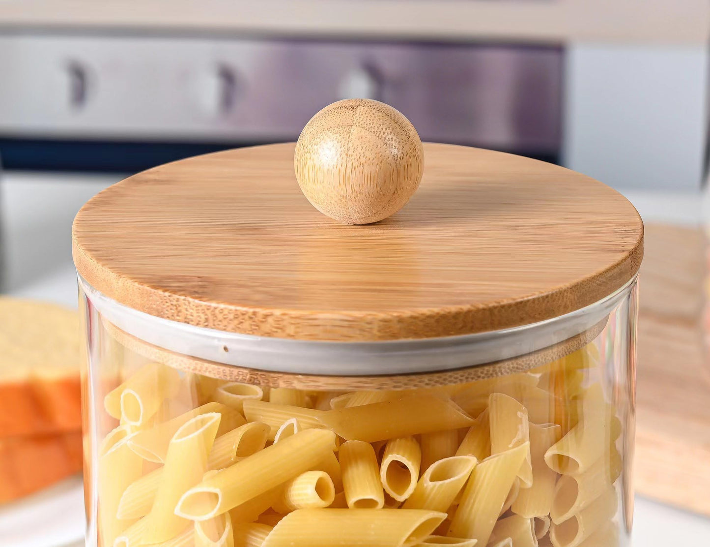 Le'raze 1 Gallon Glass Canister Set for Kitchen Counter with Airtight Bamboo Lids + Marker & Labels - of 2 Large Cookie Jars Wooden Lid, Food Storage Containers Pantry, Flour, Sugar, Pasta, Candy,