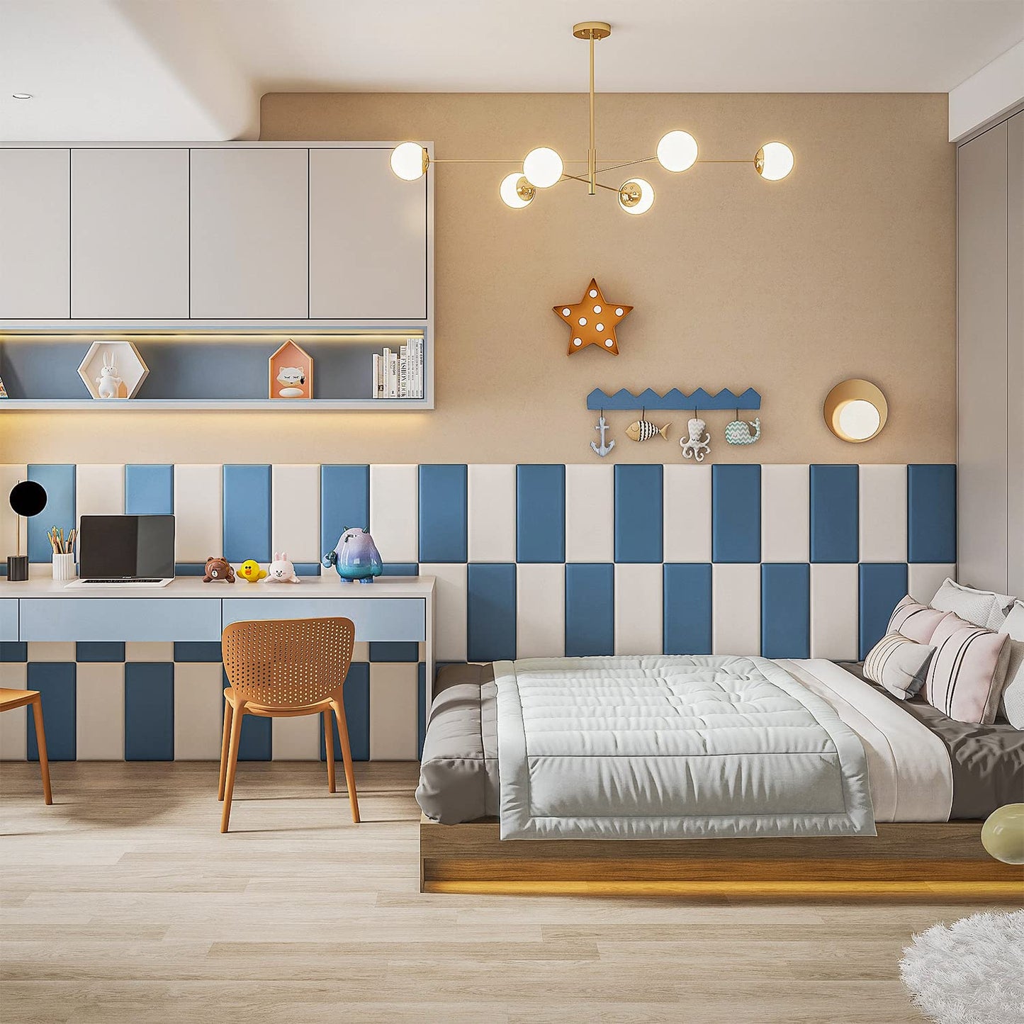 YLL YLL 4PCS Anti-Collision Wall Padding 3D Peel and Stick Headboard Upholstered Wall Panels Blue Wall Mounted Headboard Soundproof Wall Panels