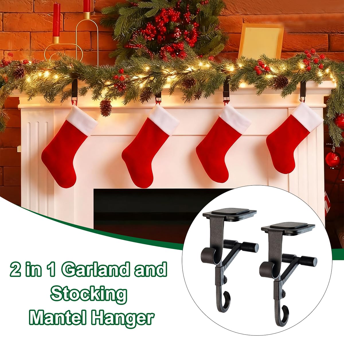 ATRGDUE ATRGDUEFireplace Stocking and Garland Hanger with Two Hooks,Adjustable Mantle Holder- Hold Christmas Decoration and Hang Garland-No Drill,Durable Wrought Iron Holds Up to 20 lbs (3Pcs,Black)
