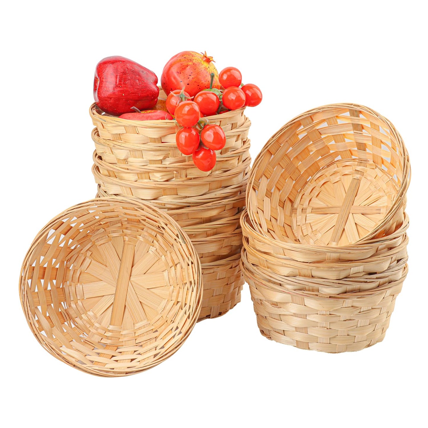 Geytetqi 15 Pack 8 Inch Bamboo Woven Basket, Round Bamboo Woven Fruit Baskets for Kitchen, Restaurant, and Holiday Decor