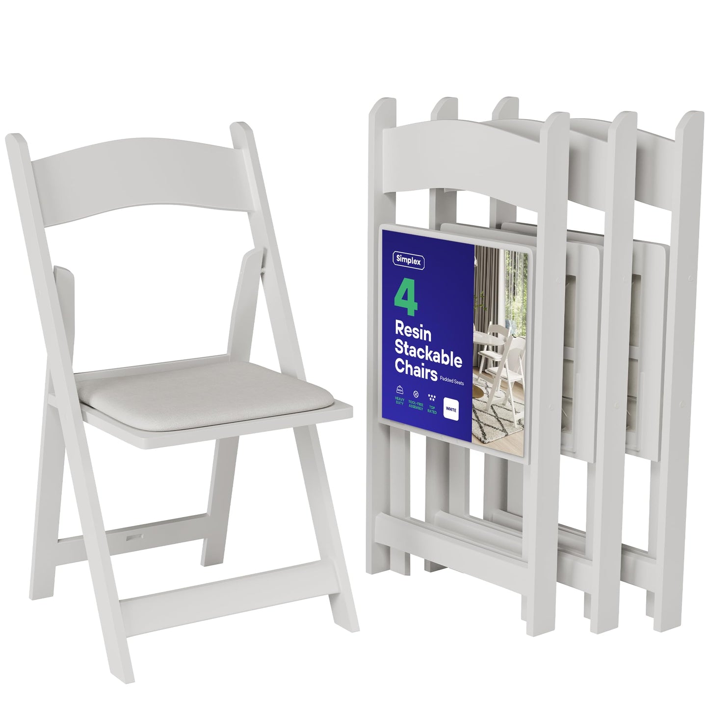SIMPLEX 4 White Folding Chairs – Resin Stackable Foldable Chairs with Padded Seats – Comfortable White Folding Chairs for Indoor/Outdoor Events – Lightweight Resin Chairs (4 Pack)