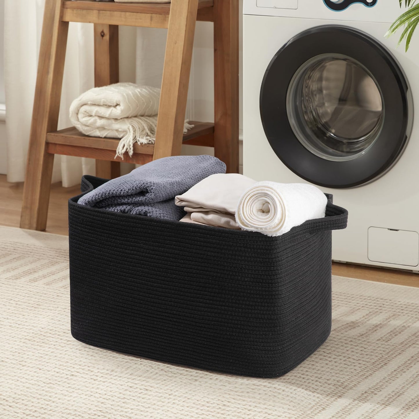 OIASKET 95L Extra Large Blanket Basket, 24" x 16.9" x 14.2" Woven Storage Basket for Living Room, Rectangle Nursery Blanket Storage for Toys, Towels, Dirty Clothes (Black)