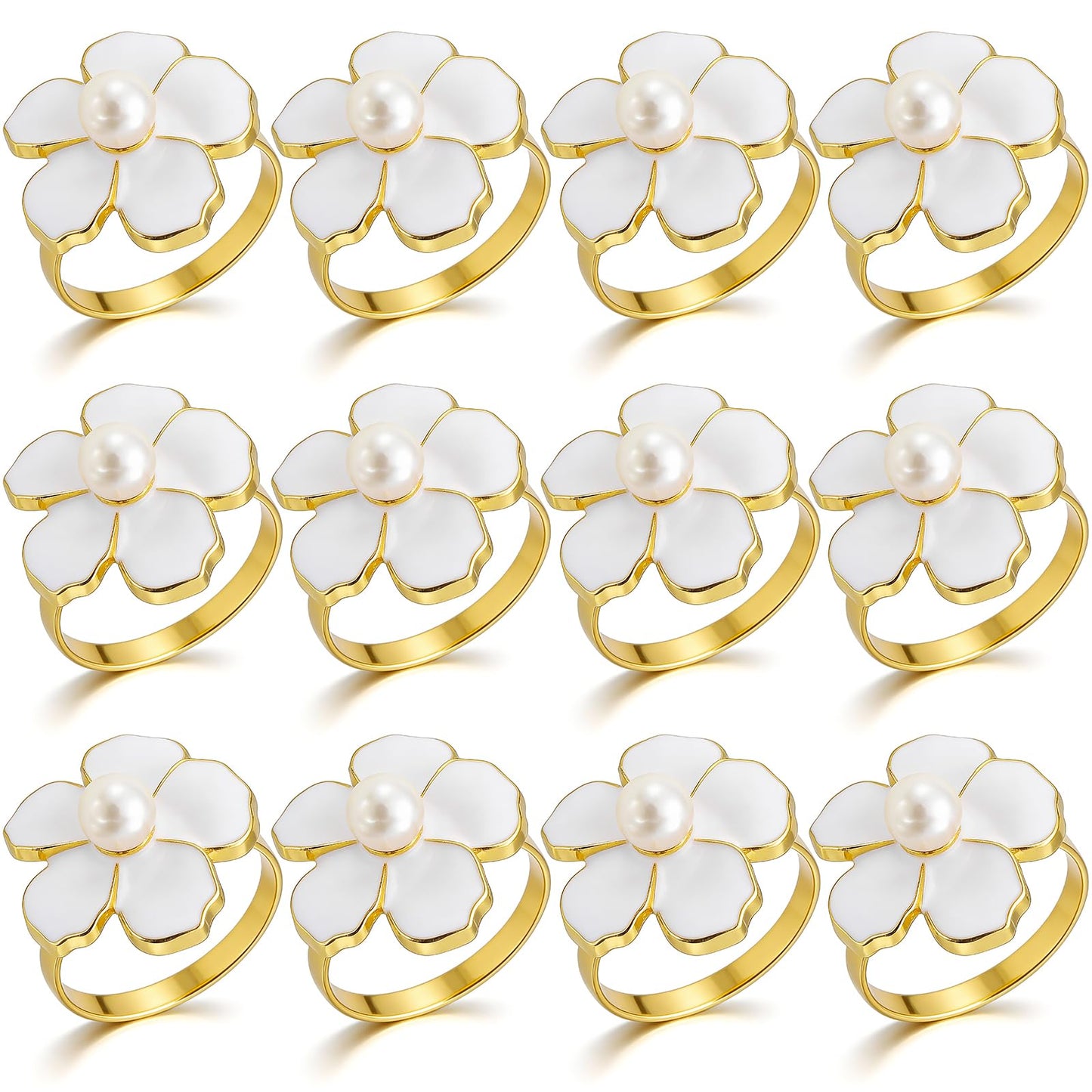 BEAVOING White Flower Napkin Rings Set of 12, Holiday Gold Peal Napkin Ring Holders for Dinner Setting Decoration, Wedding, Baby Shower,Easter, Thanksgiving, Christmas, Party