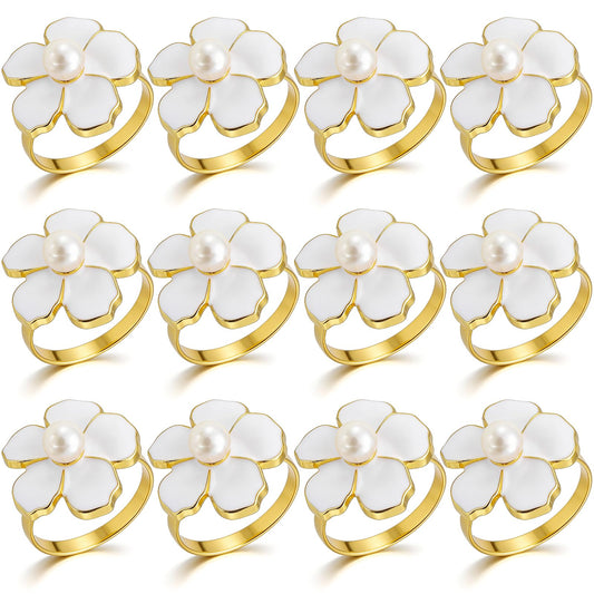 BEAVOING White Flower Napkin Rings Set of 12, Holiday Gold Peal Napkin Ring Holders for Dinner Setting Decoration, Wedding, Baby Shower,Easter, Thanksgiving, Christmas, Party
