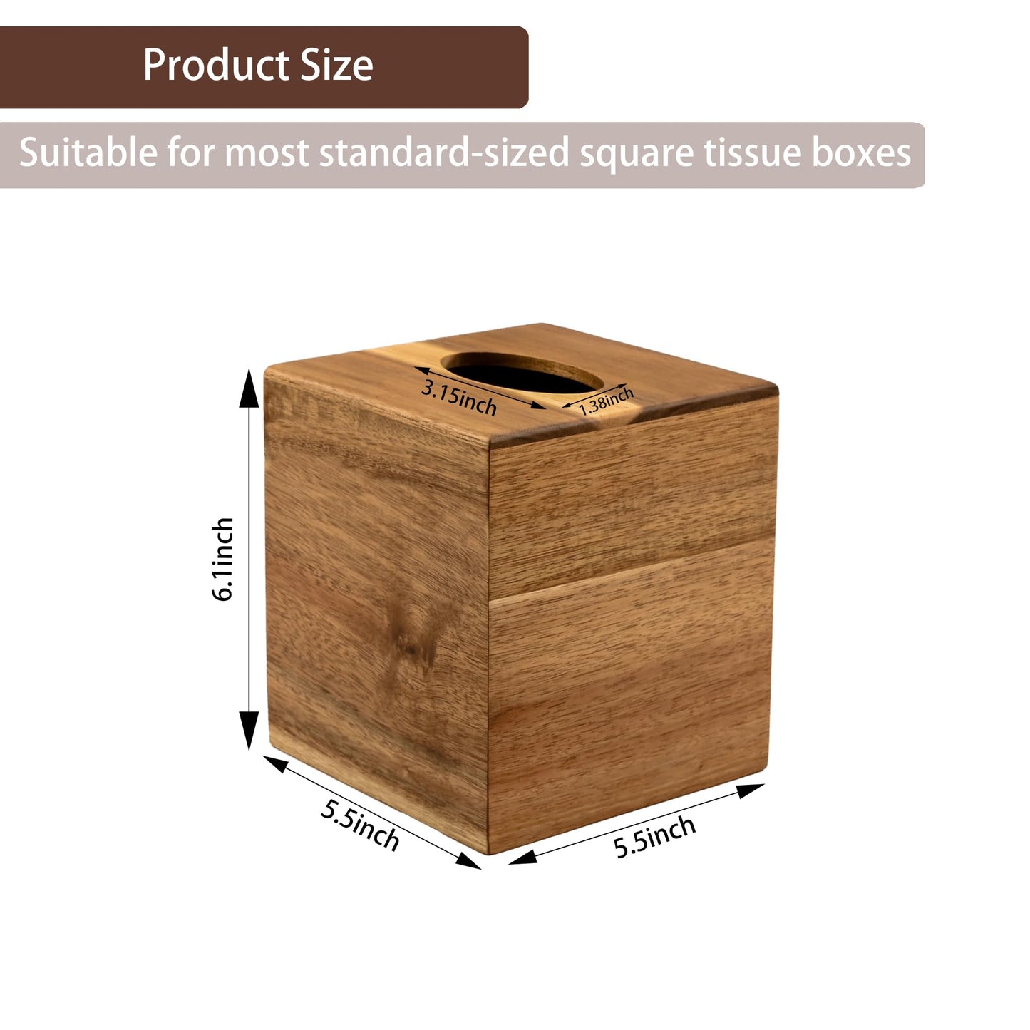Chicvilla Tissue Box Cover Square, Acacia Wood Tissue Box Holder with Slide-Out Bottom, Wooden Tissue Box Cover Cube for Bathroom, Bedroom, Dinner Table, 5.5 x 5.5 x 6.1 inches