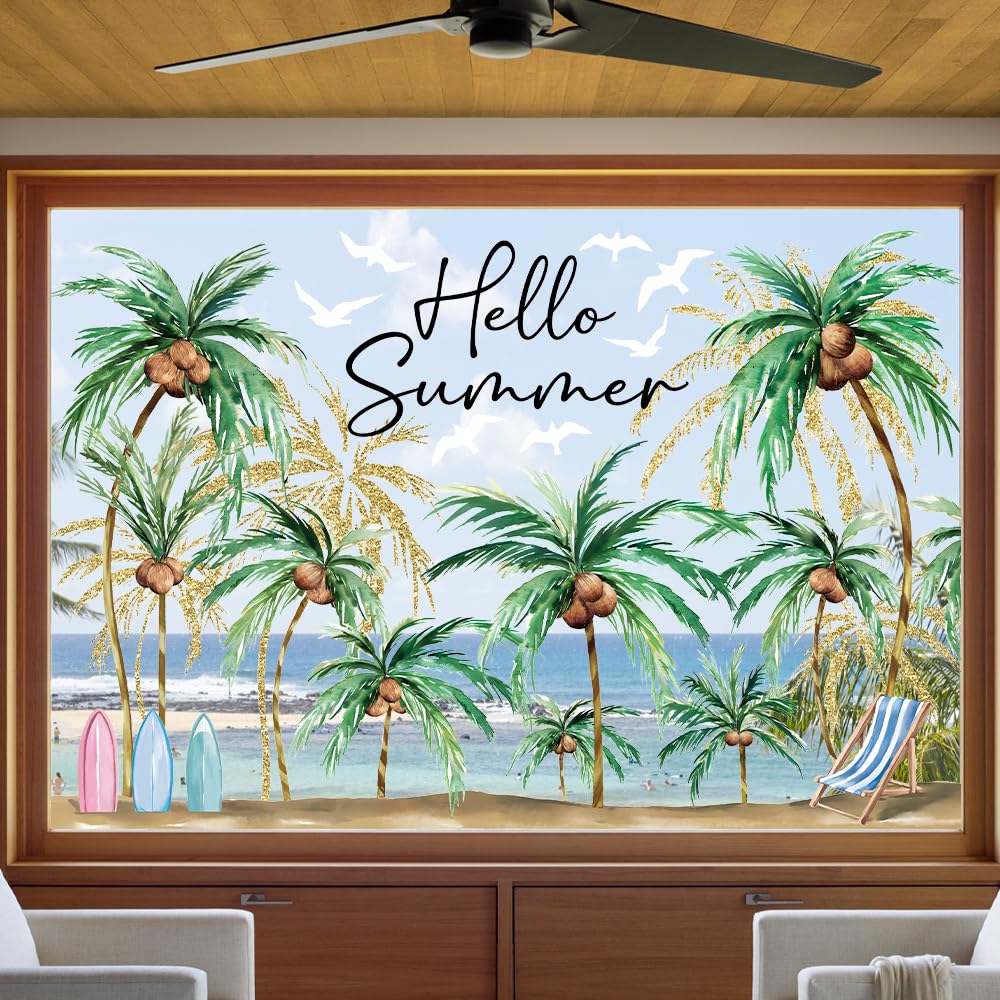 Heirloom Haven Extra Large Hello Summer Window Clings, Summer Sun Beach Window Removable Double Sided Coconut for Glass Windows Home Store Decor