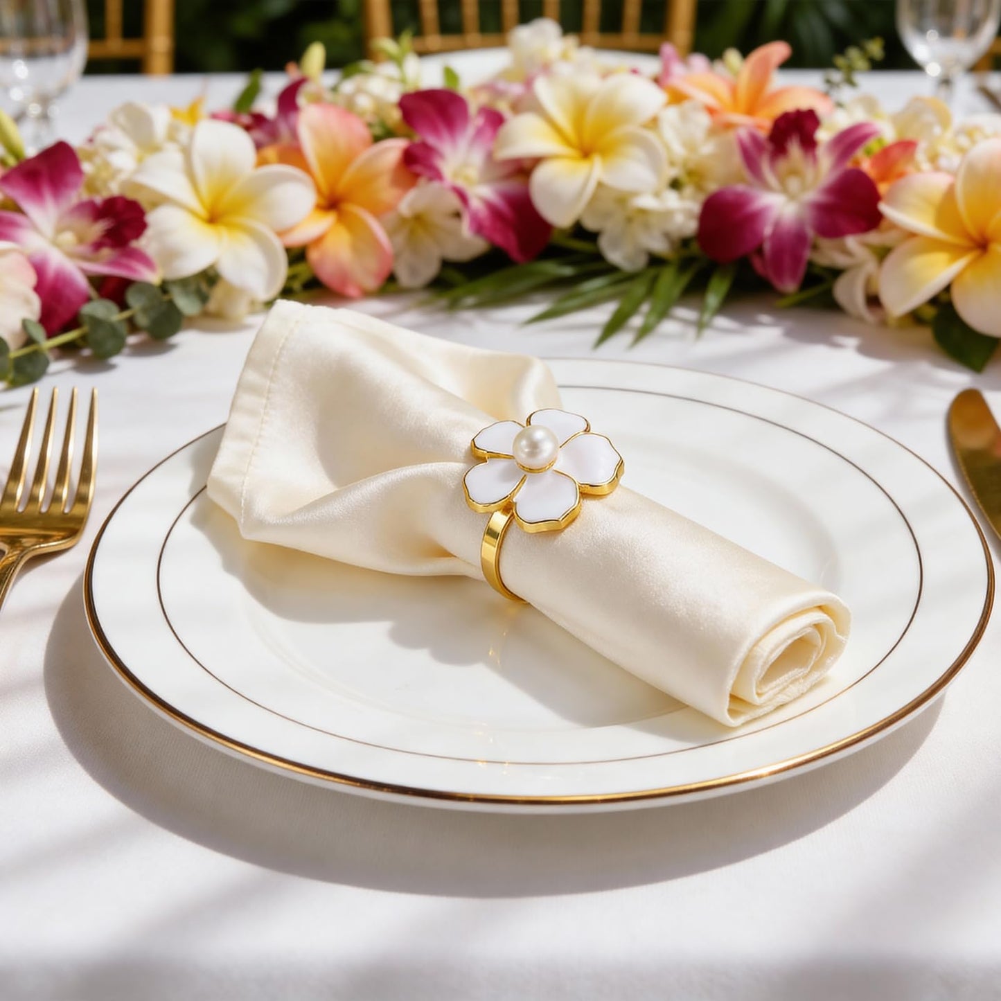 BEAVOING White Flower Napkin Rings Set of 12, Holiday Gold Peal Napkin Ring Holders for Dinner Setting Decoration, Wedding, Baby Shower,Easter, Thanksgiving, Christmas, Party