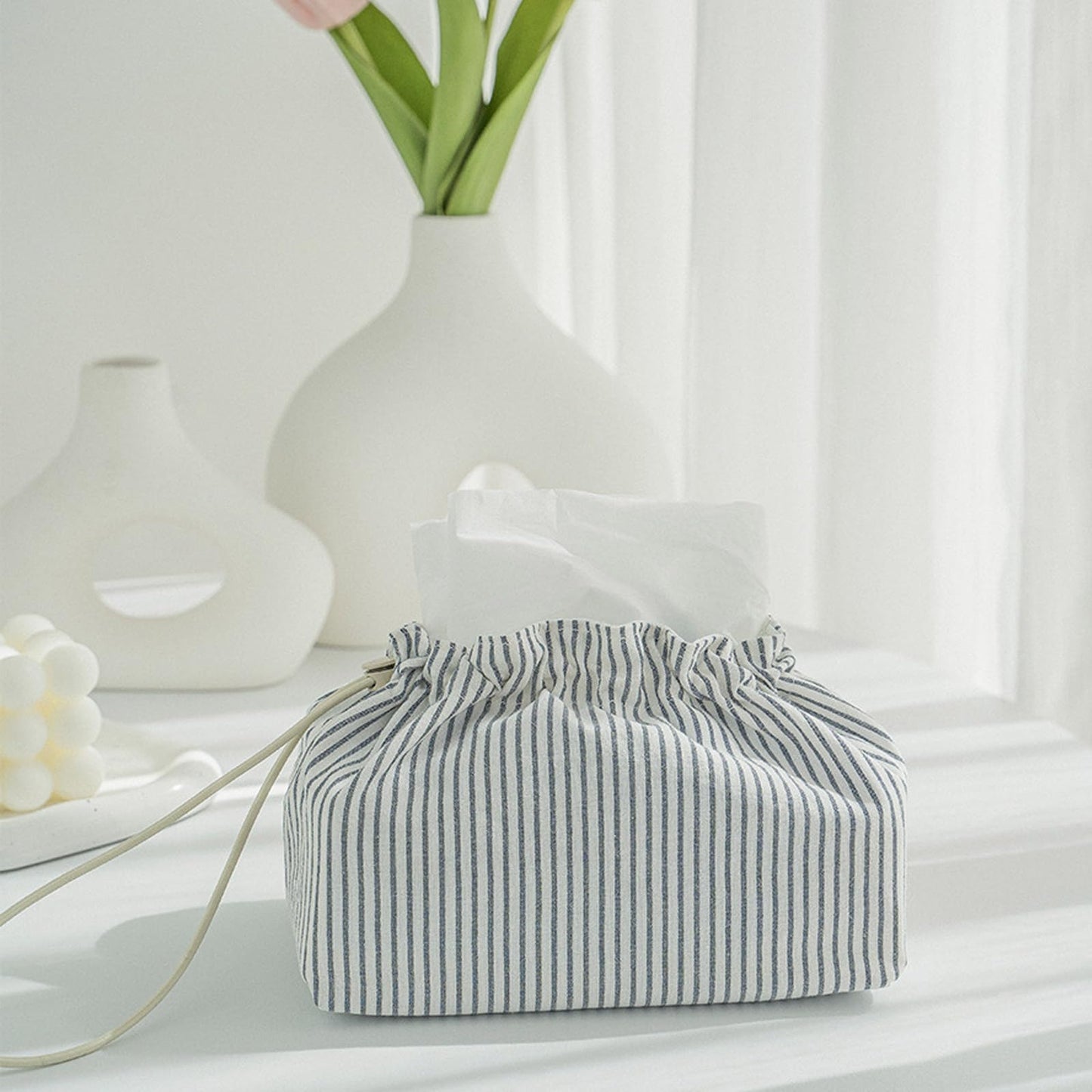 razliubit Fabric Tissue Box Cover with Handle,Blue Striped Cotton Tissue Holder for Home, Office, Bedroom, Car – Decorative Washable Tissue Case