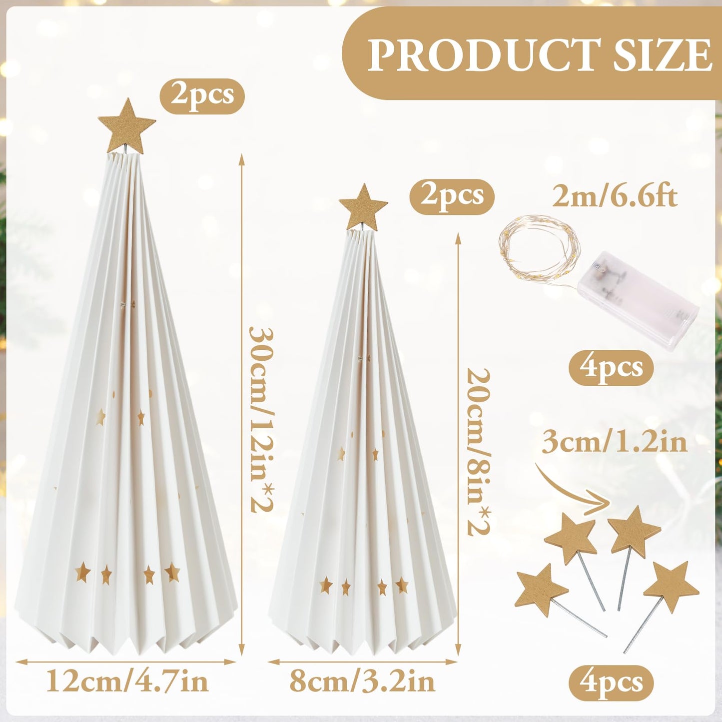 OBBOLO 4 Pcs White Paper Christmas Trees, Holiday Centerpiece Decorations with Star Designs, Foldable Tabletop Décor for Xmas Party & Winter Home Styling