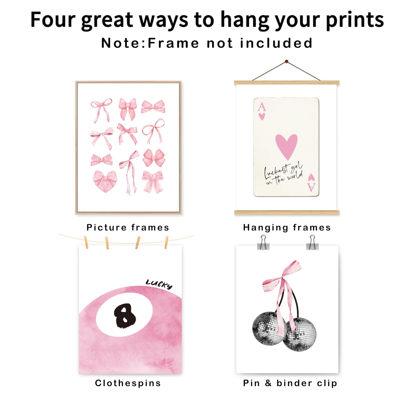 okaxscm Pink Coquette Trendy Preppy Wall Art Prints Set of 4, Coquette Room Decor, Preppy Room Decor Aesthetic, Pink Bow Disco 8 Ball Cherry Wall Decor Posters for Girls Bedroom Dorm, 8x10 Unframed