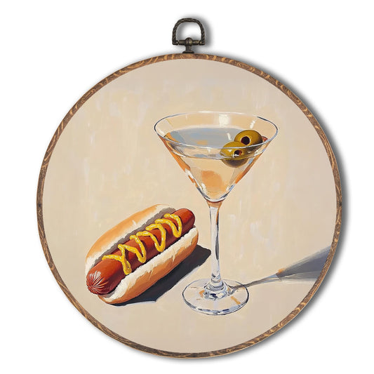 Yorhifa Retro Bar Framed Wall Art, Vintage Hot Dog and Dirty Martini Food Round Wall Art, Home Bar Cart Round Walls Decor, Retro Cocktail Food Circle Canvas Artwork Hanging Decor, 10x10in