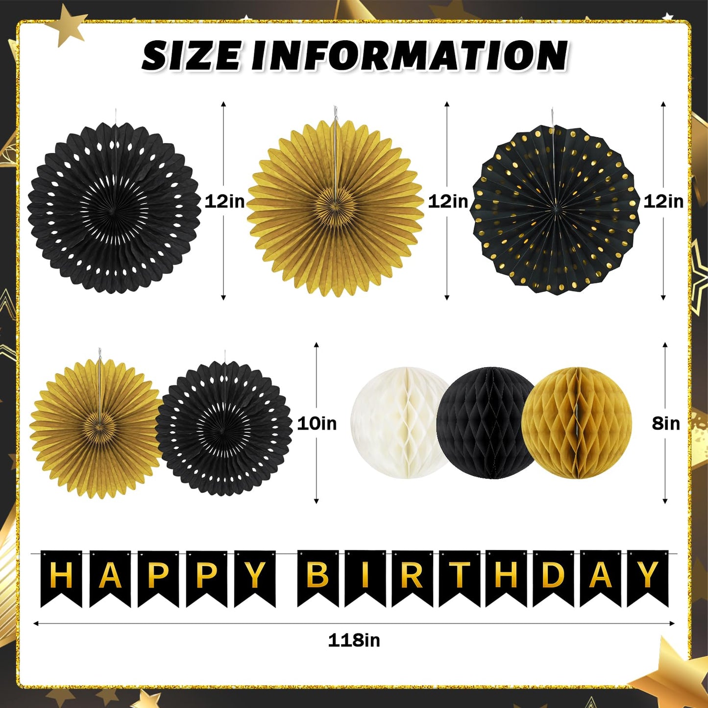 Black and Gold Party Decorations, 13Pcs Hanging Paper Fans Star Foil Curtains Happy Birthday Banner & Honeycomb Balls for Graduation Decorations 2026 and Birthday Party Supplies