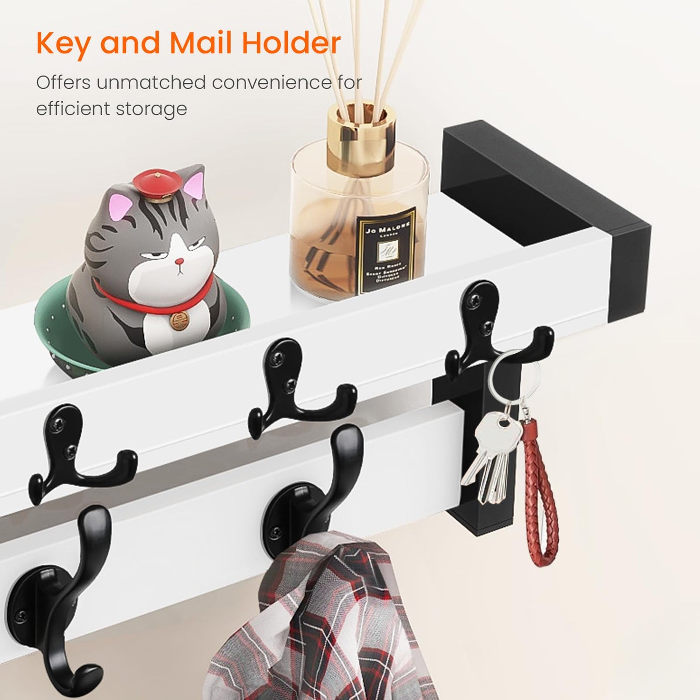 Homode Coat Rack Wall Mount, 29" Modern Floating Shelf with Key and Mail Holder, Wooden Entryway Hanging Shelf with Hooks and Storage for Hat Towel Jacket Purse Backpack Dog Leash, White