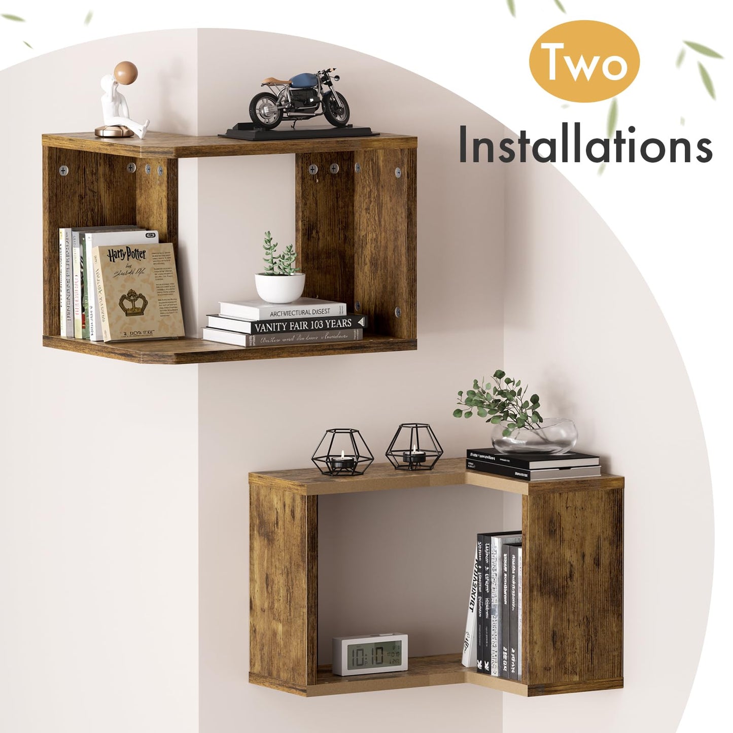 Atoping Floating Corner Shelf, 2-Tier Floating Shelf for Wall, Wood Floating Book Shelf for Living Room, Bedroom, Bathroom, Home Office, Rustic Brown