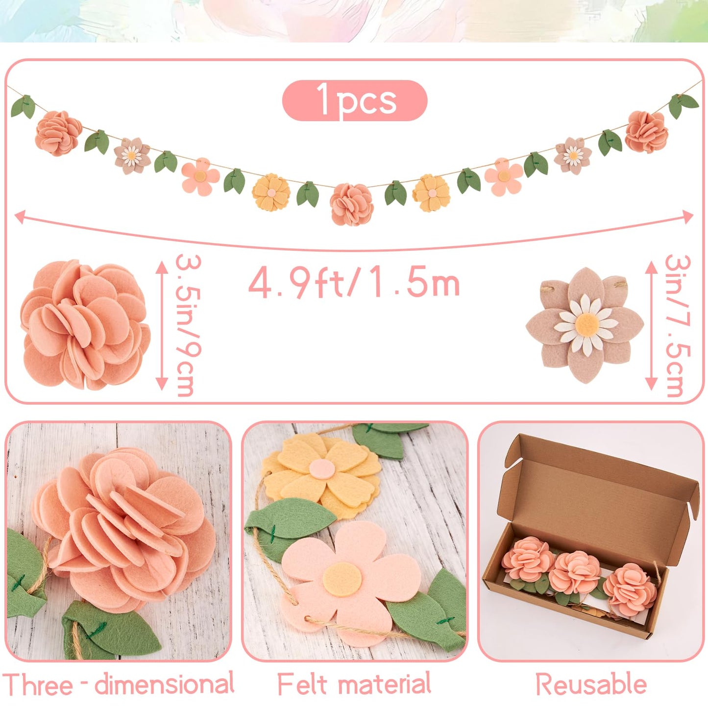 Handmade Felt Flower Garland, Flower Party Decorations, Pre-Strung Spring Garden Decorations for Girls Women Mom, Floral Birthday Party Decor