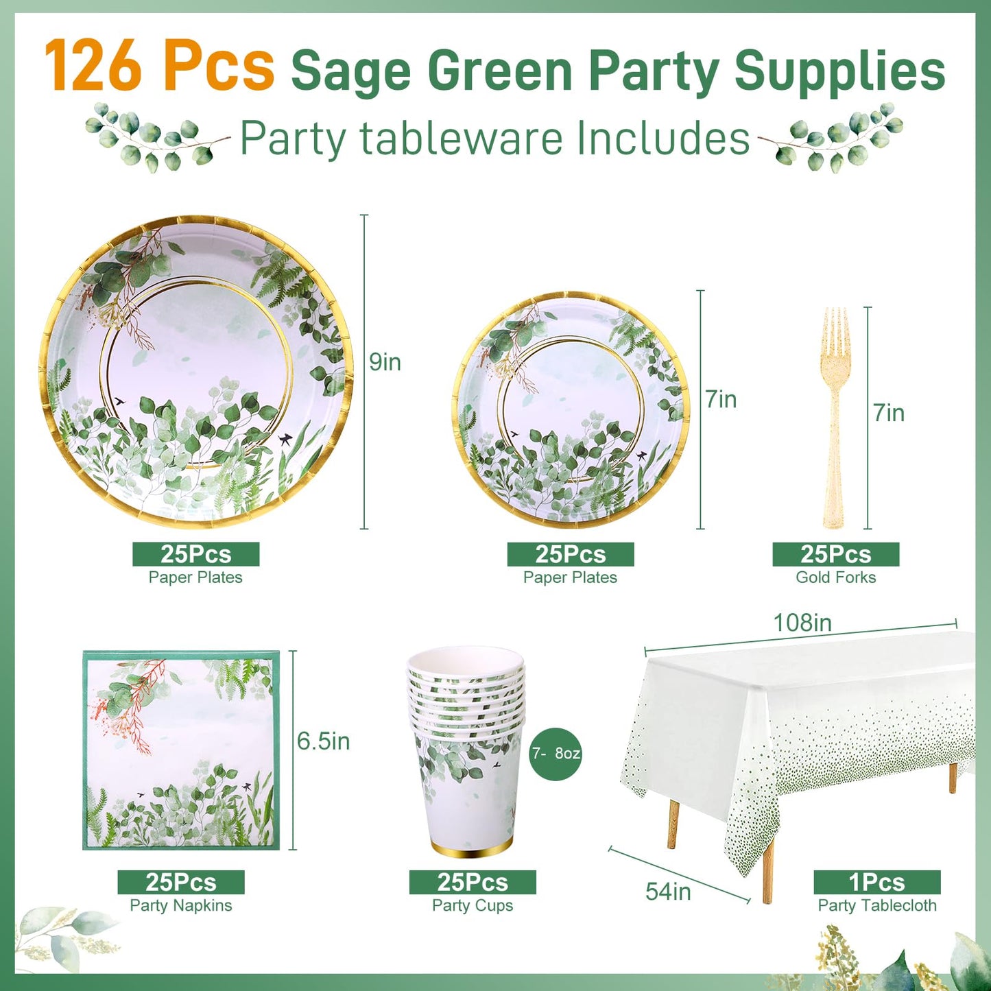 Etsutomy Sage Green Party Decoration, 126PCS Sage-Green Plates and Napkins Party Supplies, Spring Greenery Eucalyptus Leaves Disposable Dinnerware Decor for Wedding Birthday Baby Shower