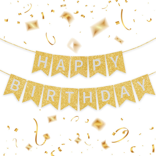 Gold Happy Birthday Banner - 16 ft Pre-Strung Gold Birthday Party Decorations Sign for Girls, Boys, Kids, Women - No DIY Hanging Backdrop for Indoor & Outdoor Celebrations
