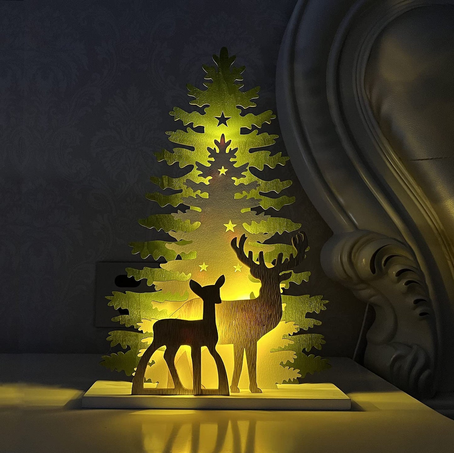 Lighted Christmas Tabletop Decorations,Supergorea,Wooden Christmas Tree and Deer Table Decor,LED Wood Craft Light 2AA Battery Powered 12.7 inch for Xmas Home Decoration(Indoor)