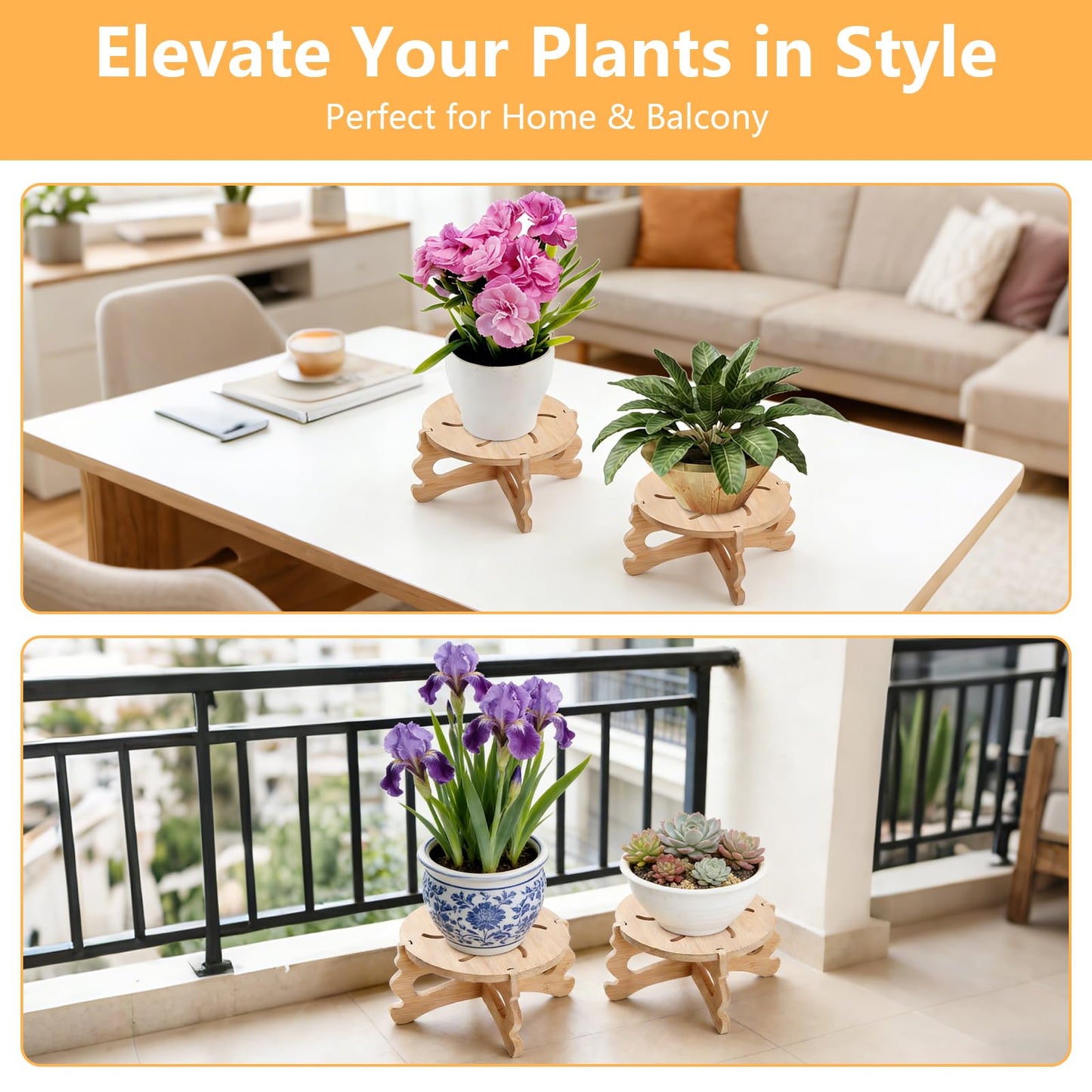 Risirica 2Pc Plant Stand Indoor,Natural Bamboo Plant Stand Indoor,No Screws Required Stable Outdoor Plant Pot Stand for 5-15 lnch Pots,Mid-Century Modern Plant Stool for Living Room, Balcony, Office