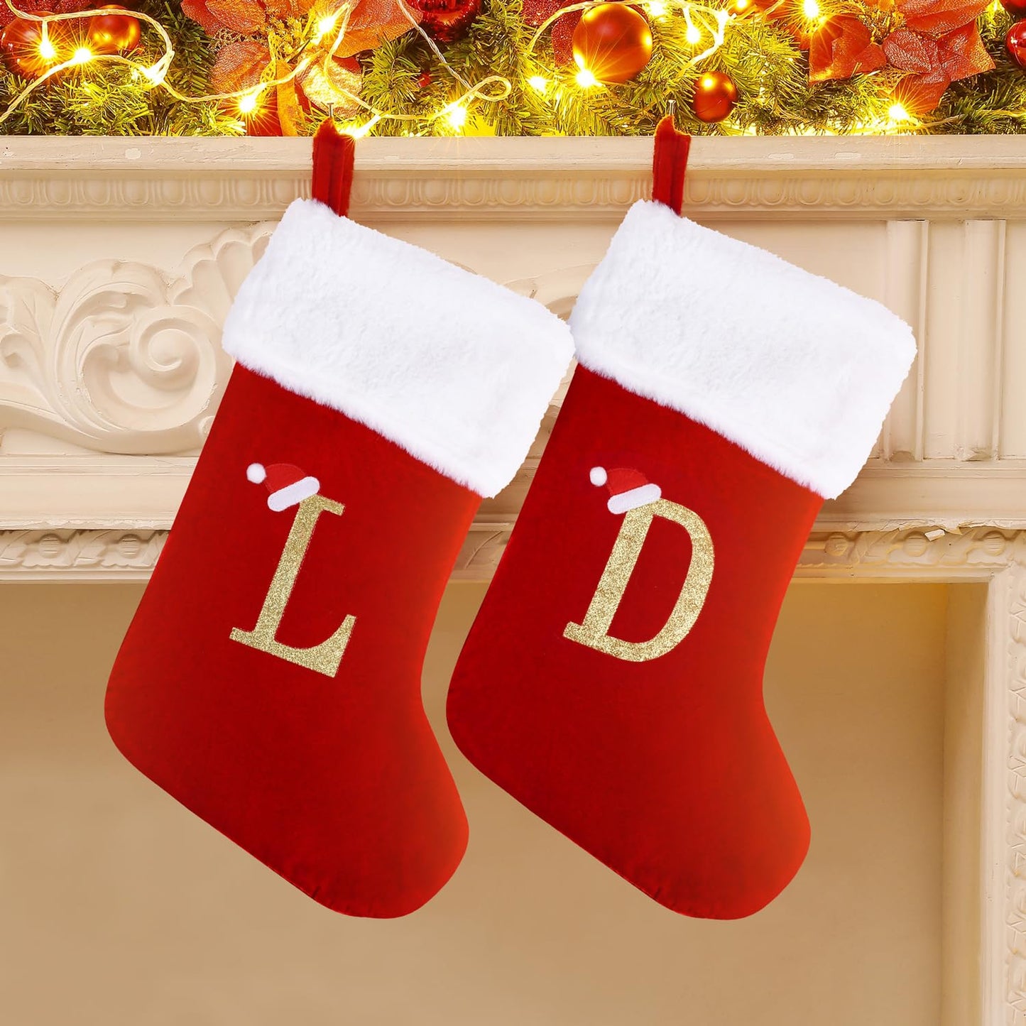 Sailup 20 Inches Monogram Christmas Stockings with Letters, Large Super Soft Christmas Stockings Red Velvet with White Super Soft Plush Cuff for Christmas Xmas Tree Holiday Fireplace (R)