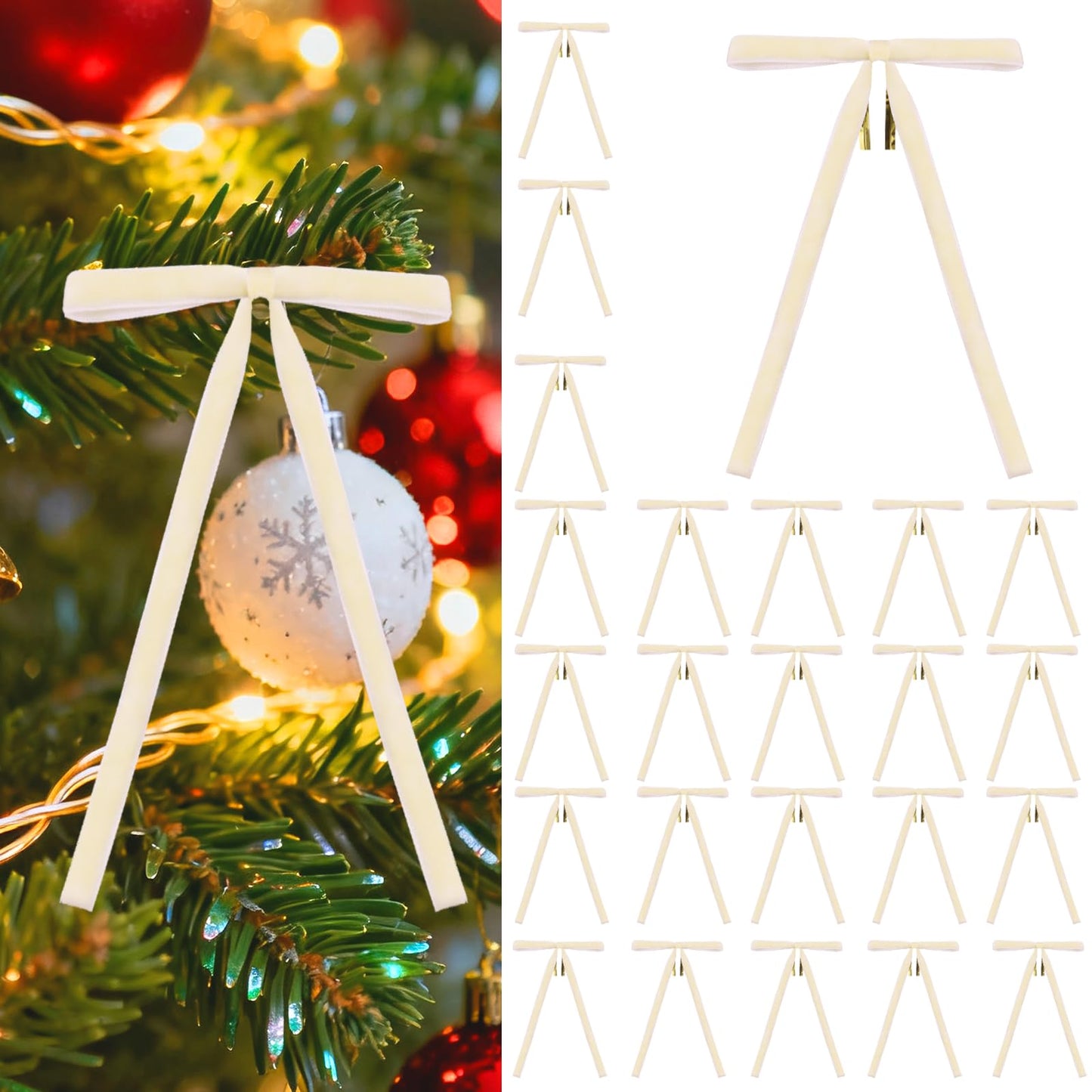 Hekocap 24 Pcs Velvet Bows for Christmas Tree, Beige Velvet Christmas Ornaments, Xmas Tree Bows for Wreaths Garland Gift, Cream Holiday Decor (5x7 Inch)
