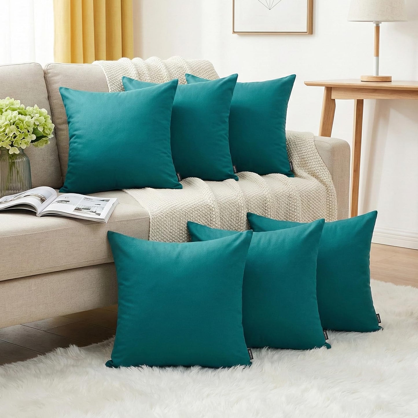 Coddsmz 6 Pack Decorative 100% Cotton Pillow Covers Square Cushion Cover Solid DIY Throw Pillowcase for Home Bed Sofa Halloween Christmas,Teal,6 Pack-18" x 18"/45x45cm
