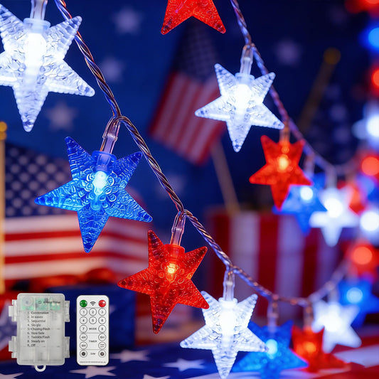 LAMPHOME 16FT 50 LED Patriotic Star String Lights, Clear Wire Battery Operated Waterproof Starry Lights with Remote & Timer for Independence Day, 4th July Window Porch Decoration