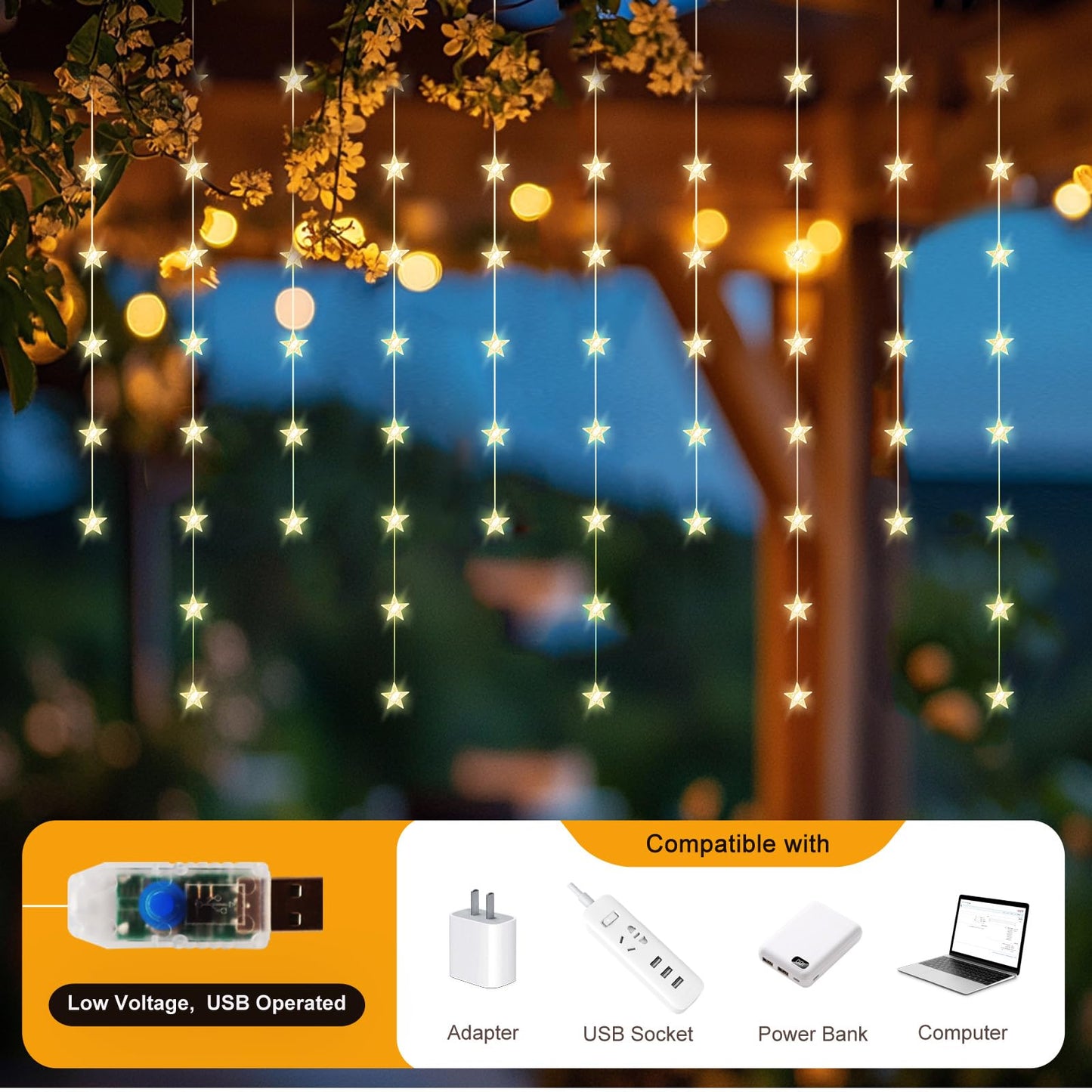 Patioman Star Curtain Lights, Warm White Window Lights 70 Stars Hanging Light with Remote Fairy Led Twinkle String Lights Home Bedroom Wall Ceiling Décor for Christmas, Wedding, Party, Birthday