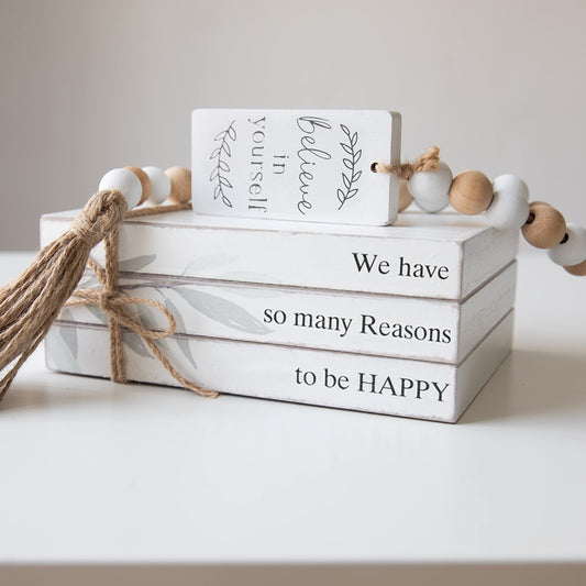 GENMOUS Faux Decorative Books Set for Home Decor, Stacked Wood Books with Wood Beads for Living Room Decor, Faux Books for Display, Shelf Decor, Mantel Decor, Farmhouse (Happy)