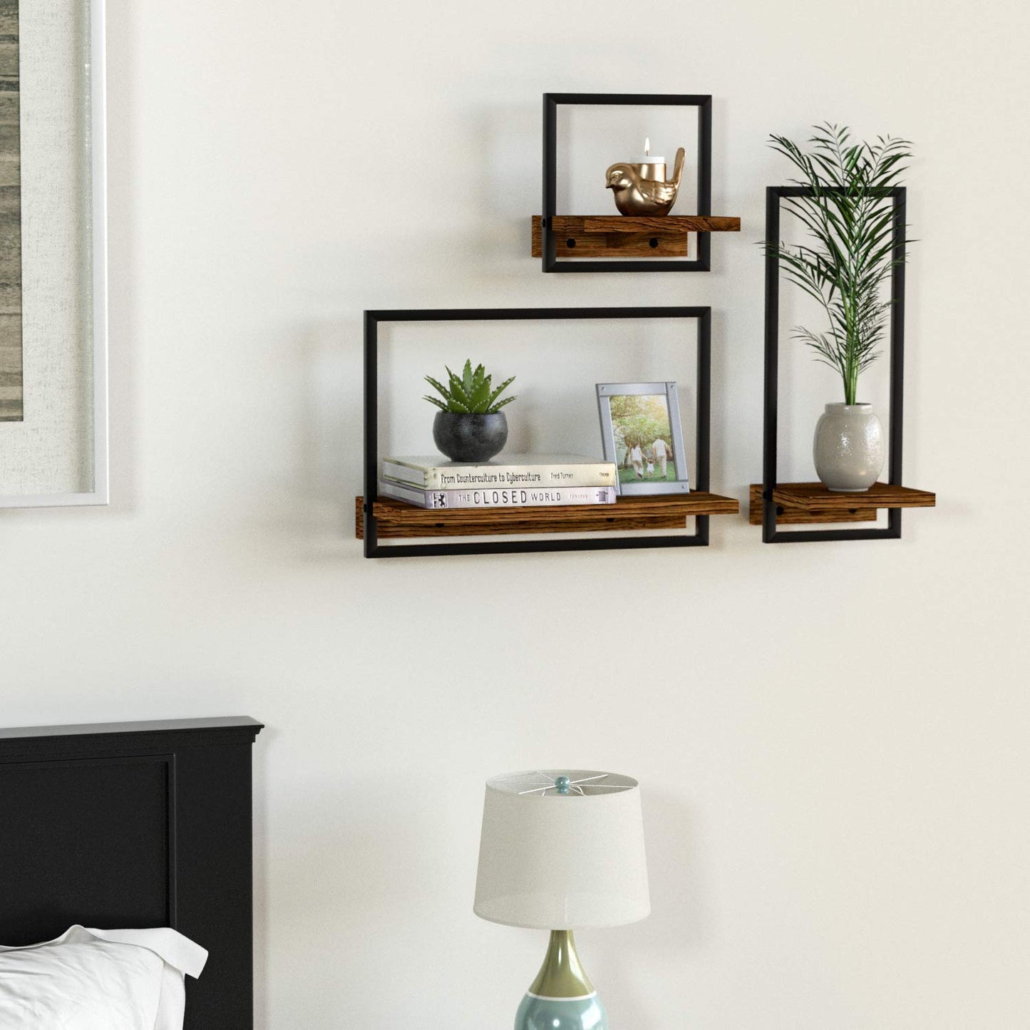 DELFOY Metal Frame Rustic Wooden Floating Hanging Shelves, Home Decor Wall Mounted Display Organizing Shelf for Living Room, Bedroom, Office Bathroom. Set of 3