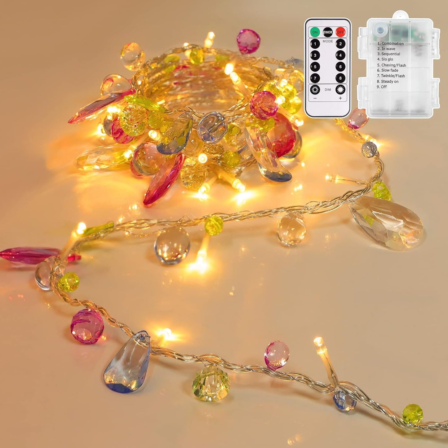 DealBeta Battery Operated Fairy String Lights, Acrylic Gems Jewels String Lights with Remote 8 Modes Timer Function,30 Warm White LED Battery Powered Fairy Lights for Bedroom Party Decor
