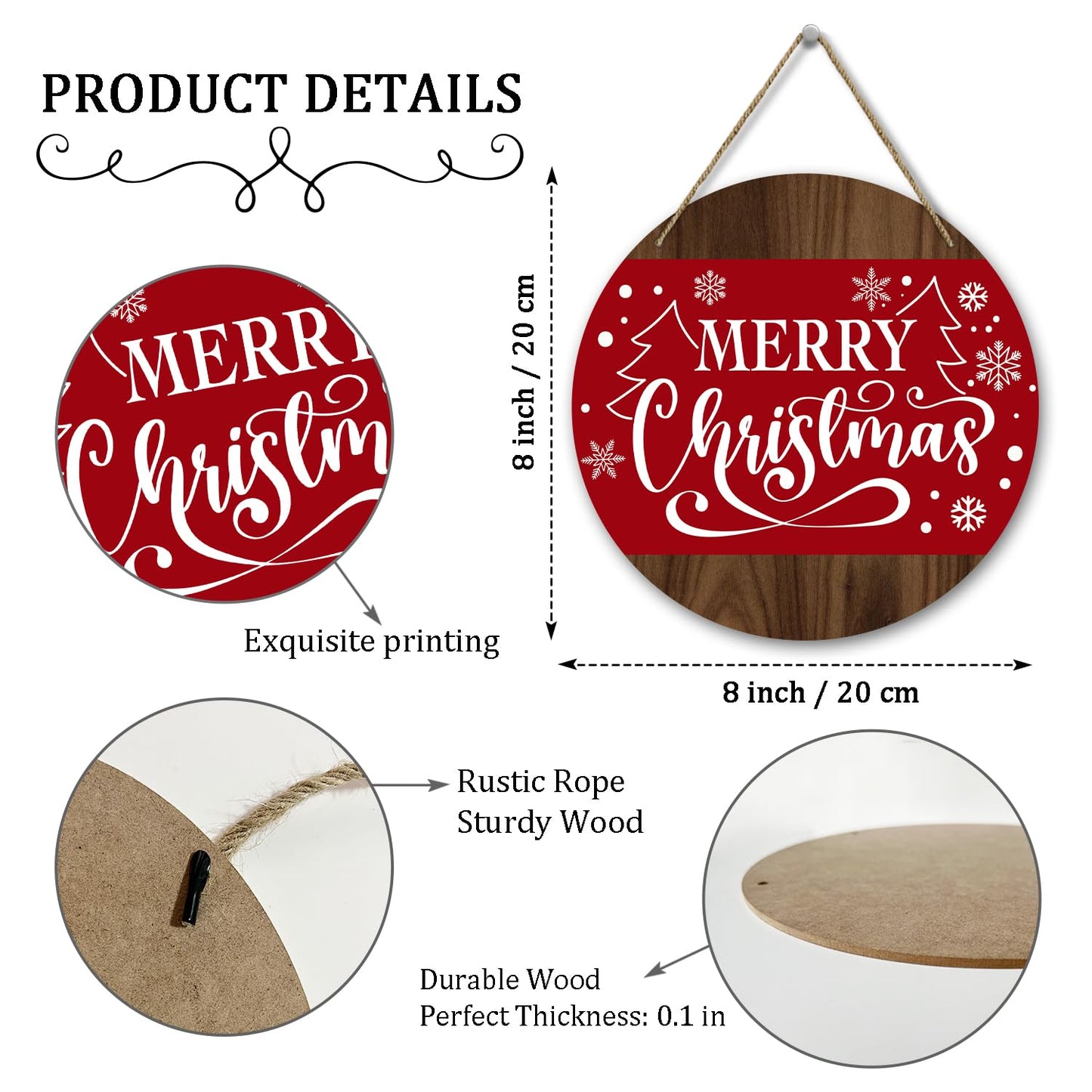 Merry Christmas Round Red Wooden Hanging Door Decor Sign - 8 Inch Christmas Door Hanger with Rope, Indoor/Outdoor Farmhouse Decor Supplies