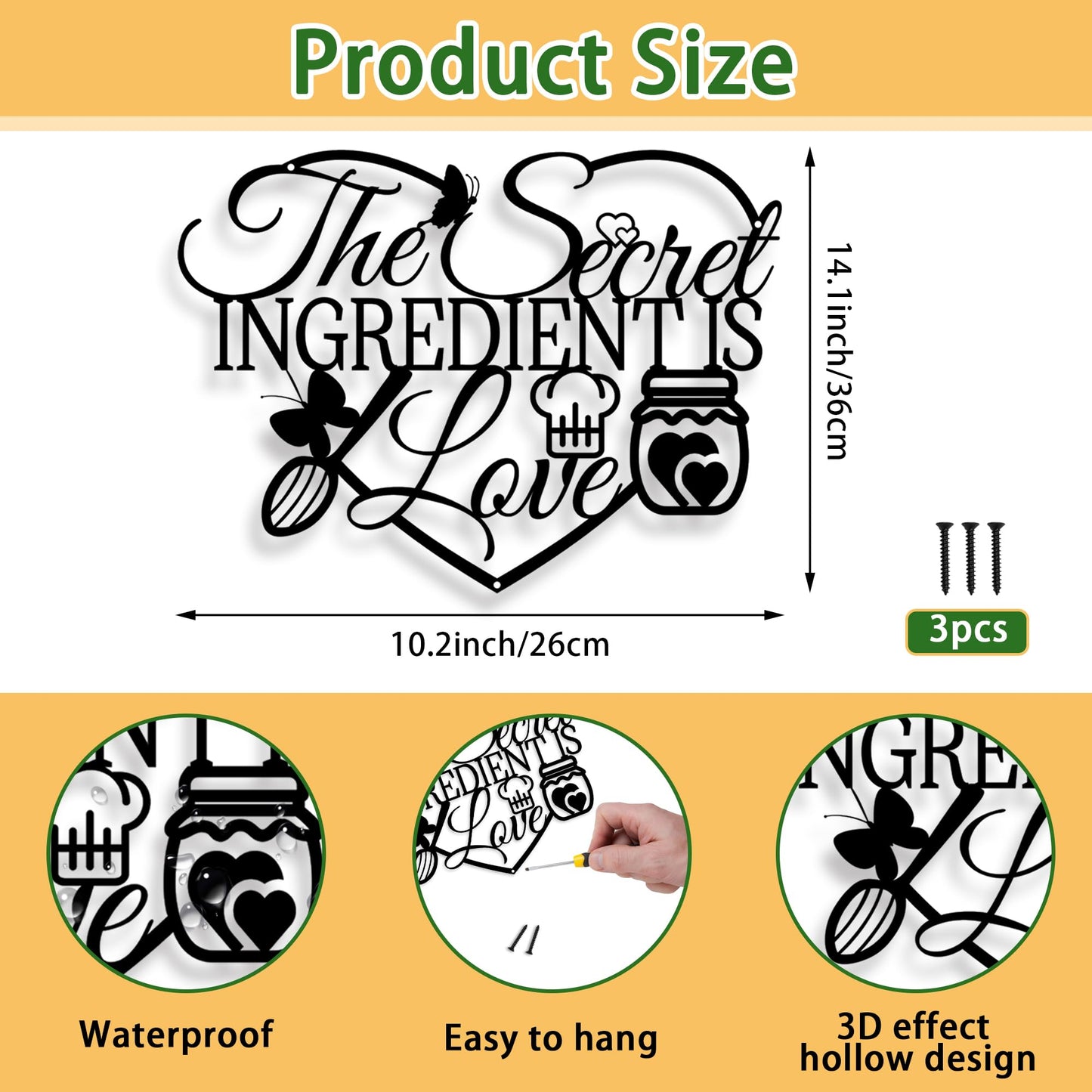 The Secret Ingredient Is Love Metal Wall Art Sign, Black Kitchen Signs Wall Decor, Farmhouse Dining Room Decorations, Housewarming Gift for Mom, Wife, Couples (Black)