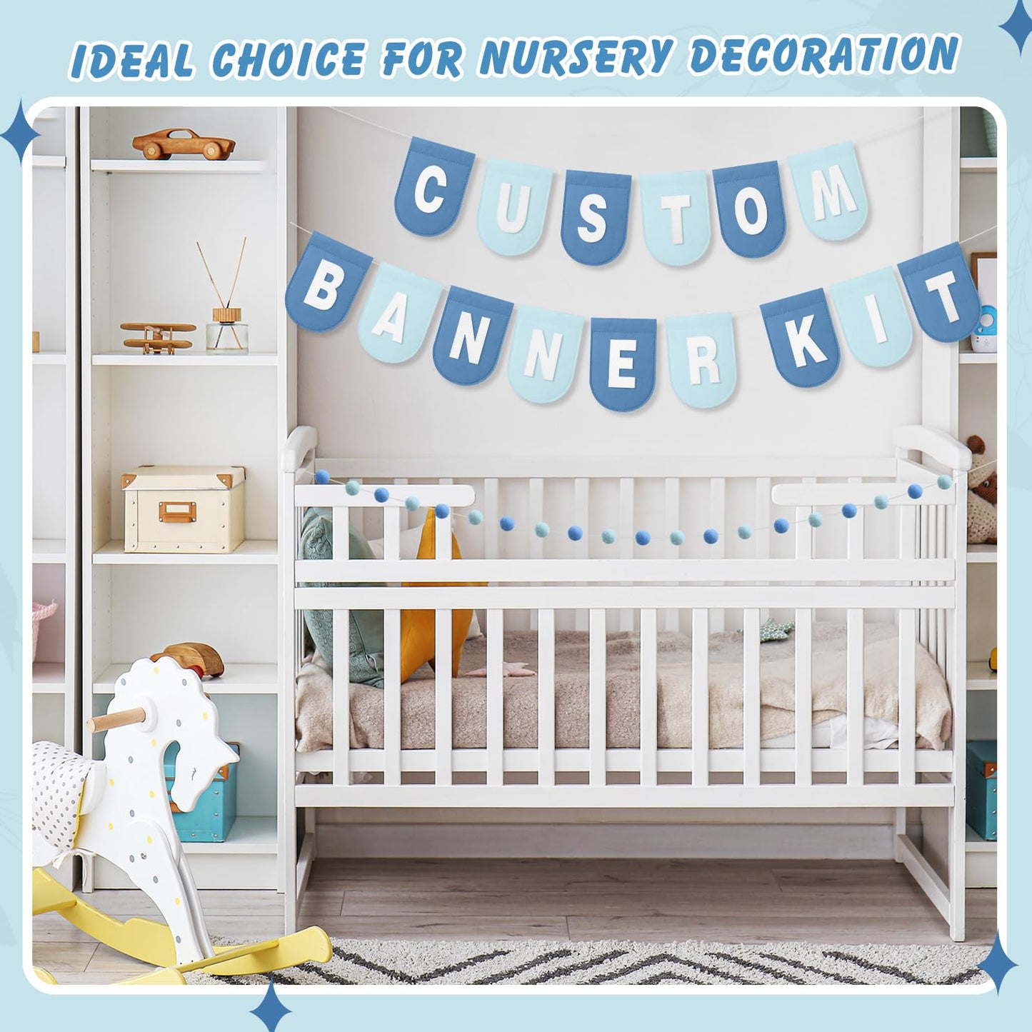 Hahafelt 125 Pcs Make Your Own Banner Kit Personalized Handmade Name Scallop Felt Banner for Baby Nurseries Kids Rooms Decor, Custom Banners for Birthday Wedding Baby Shower(Blue)