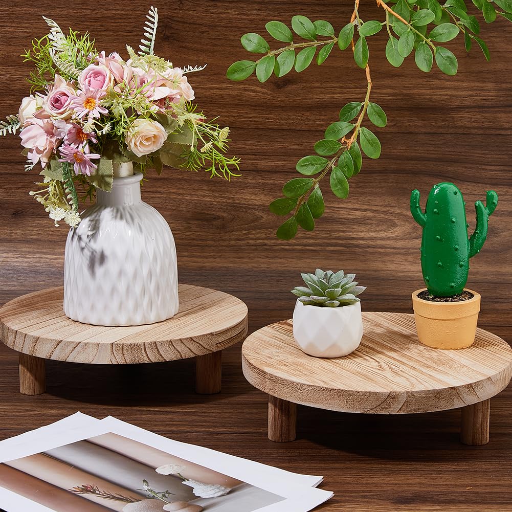 SUPERFINDINGS 2 Sets Wood Plant Stand 25cm Round Wooden Plant Stool Tan Wooden Riser Display Pedestal Low Flower Pot Holder for Indoor Outdoor Desktop Counter Room