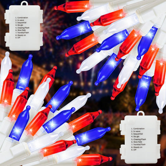 Couah 2 Pack 100 LED 38.4FT Red White and Blue Lights Battery Operated, Patriotic 4th of July Lights 8 Modes-Timer Indoor Outdoor Party Patriotic Memorial Day Independence 4th of July Decorations