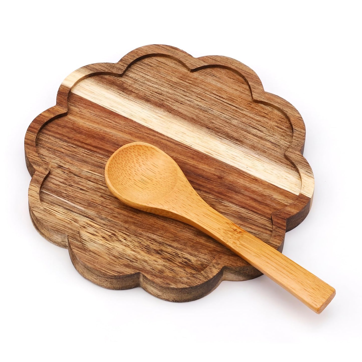Hushee Round Scalloped Spoon Rest for Stove Top 5 Inch Acacia Wood Spoon Holder for Kitchen Countertop Decorative Utensil, Farmhouse Rustic Dining Table Decoration