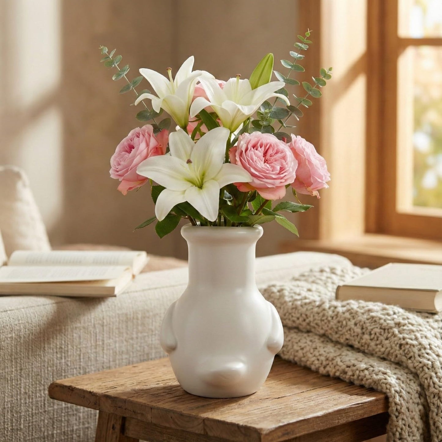 COEAZY Ceramic Duck Vase – 6" Matte Beige Handmade Animal Flower Vase for Fresh & Dried Flowers, Cute Home Decor, Unique Shelf Decoration, Fun Gift for Animal Lovers & Creative Living Spaces