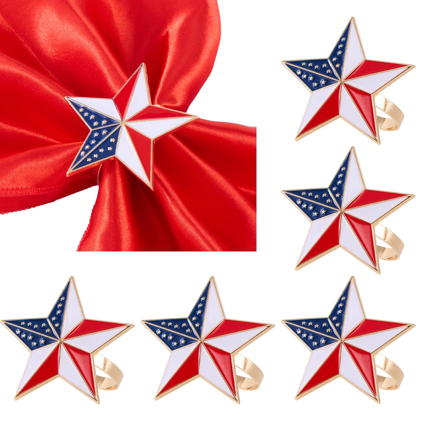 APTWOW 4th of July Patriotic Napkin Rings Set of 6, Gold Star Napkin Holder for 250th Anniversary Independence Day Napkin Ring America Napkin Ring for Dining Table Decor