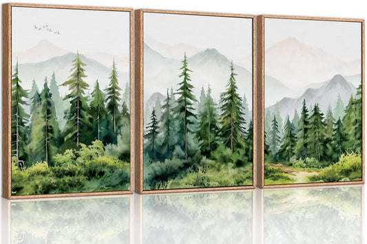 Ausril Watercolor Mountain Range Framed Canvas Wall Art Set, Green Forest Tree Wall Decor, Woodland Nursery Wall Painting, Modern Wilderness Art Print for Living Room, Bedroom, Office 24"x36"x3