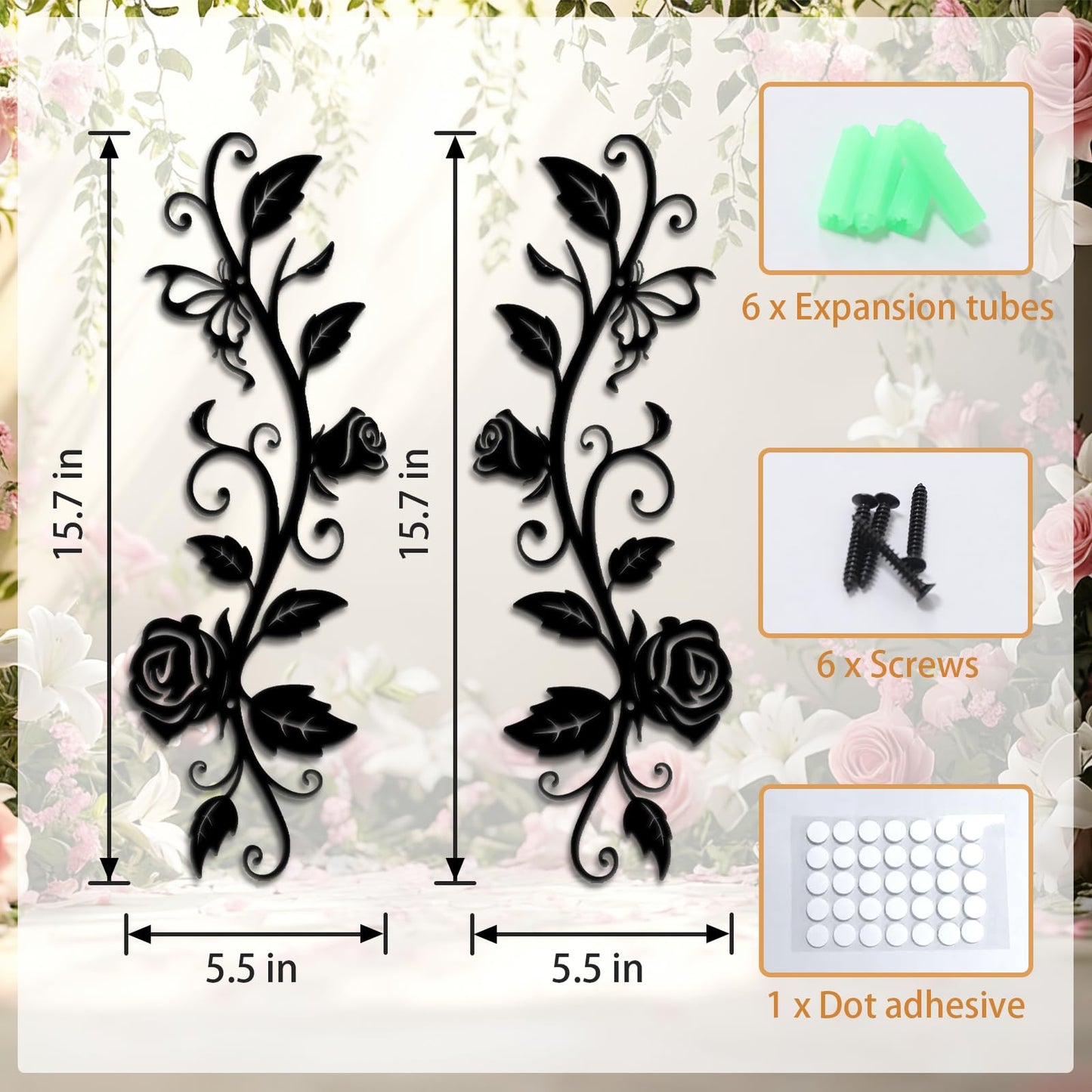 KOYILTD Metal Wall Decor, Black Wrought Iron Rose Vine Wall Art, Rustic Hanging Wall Sculptures with Iron Scroll Design, For Indoor Outdoor Living Room Office Above Door Decoration (Vivid)